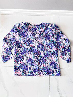Vintage ORITE Purple Pink Turquoise Floral Print Mid Sleeve Bowknot Collar Shirt